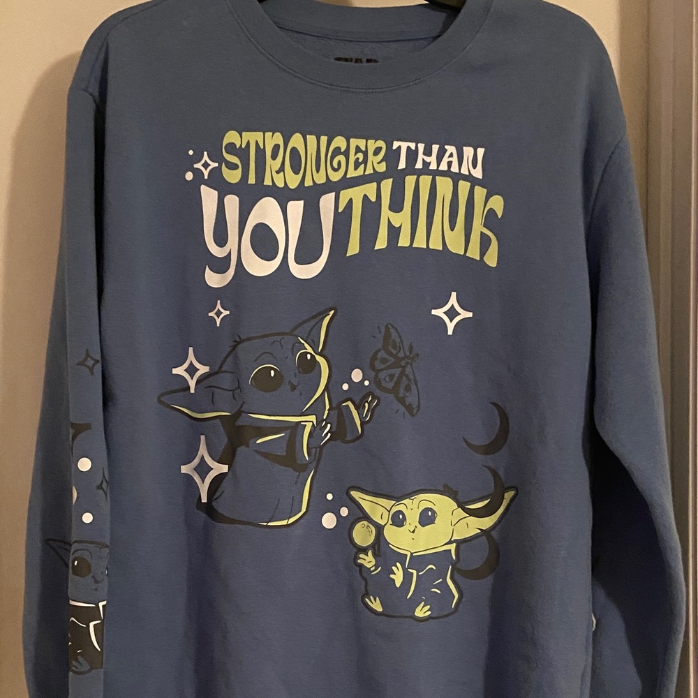 Star Wars Grogu Baby Yoda Blue Crew Neck Sweatshirt with Graphic Design